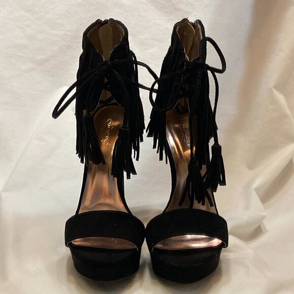 Size 5.5 Qupid Black Suede Stiletto With Fringe Cuff - Picture 4 of 16
